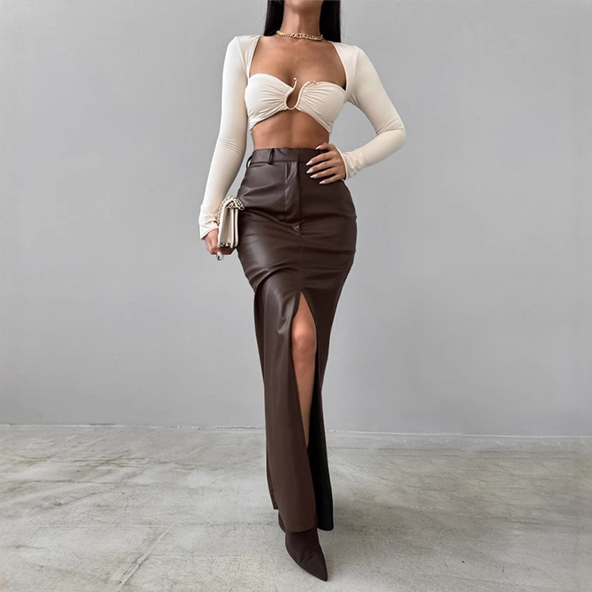 OM- 2024 Leather Design Split Solid Color High Waist Simple Leather Fitted Skirt